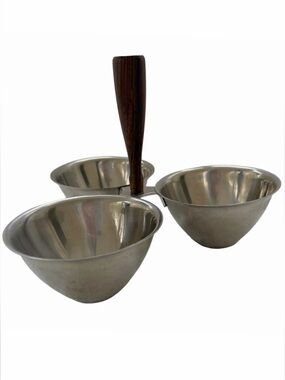 Vintage Stewarts MCM 3-Section Stainless Steel Bowls Caddy Teak Wood Handle